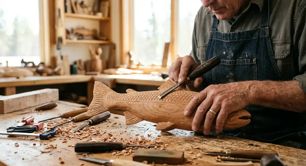 Artisan hands working on a wooden fish carving