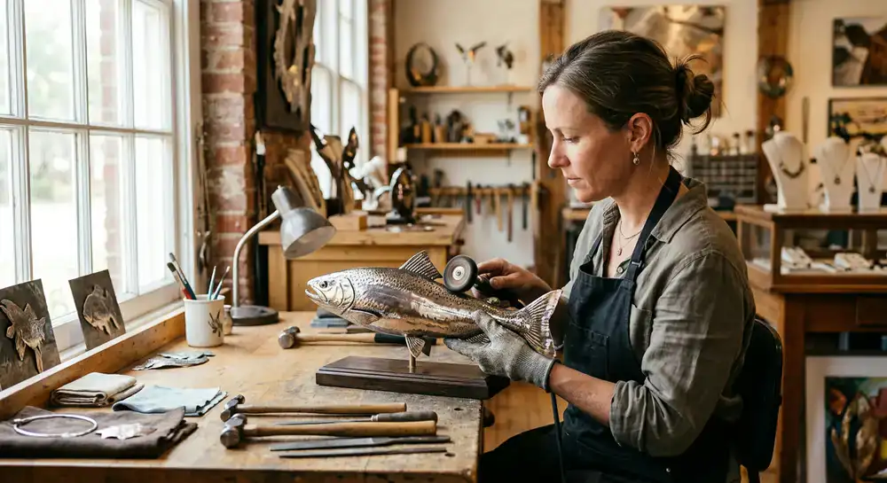 Artisan polishing a metal fish sculpture