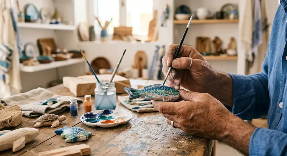 Close-up of artisan hands meticulously painting a marine souvenir