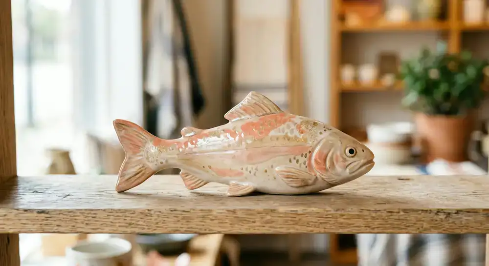 Ceramic fish painted in soft coral and beige