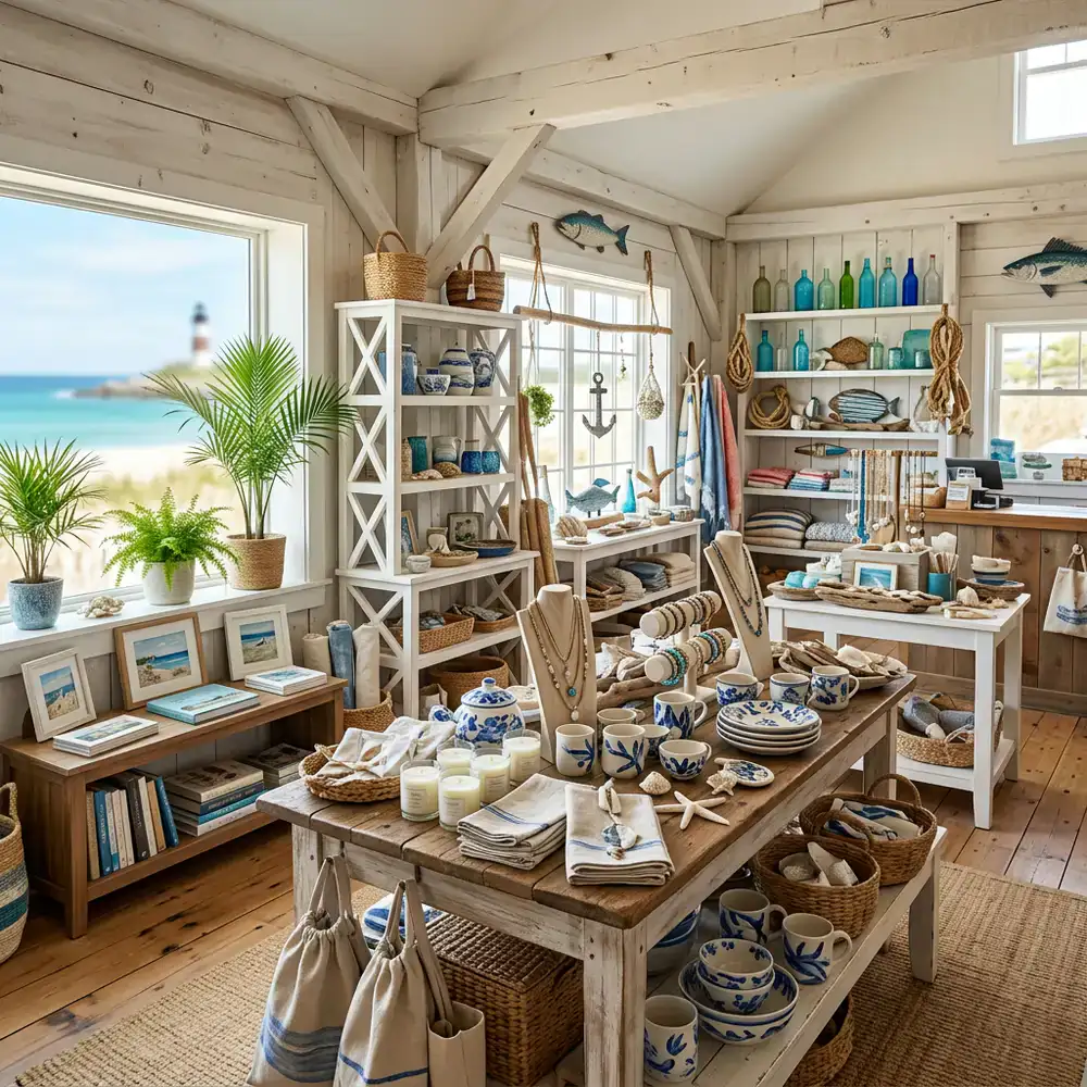 A wide view of coastal charm gifts displayed in a sunlit room