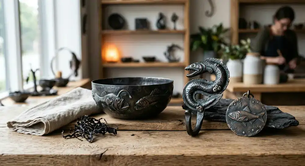 Dark metallic artisan crafts featuring deep ocean fish motifs