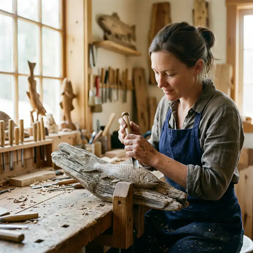 Artisan carving a wooden fish from reclaimed driftwood