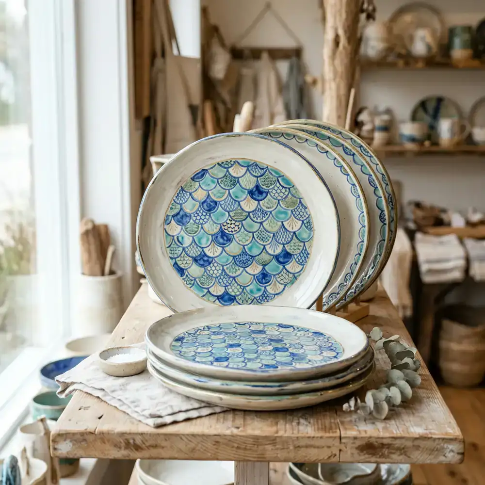 Hand-painted ceramic plates featuring intricate fish scale patterns
