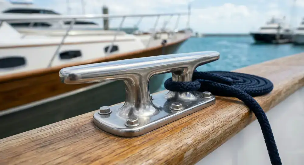 Close-up of a silver-toned marine craft element