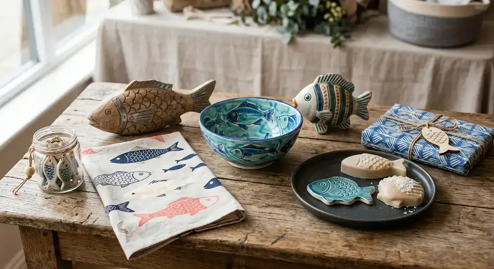 A beautifully styled arrangement of fish-themed artisan gifts on a weathered wooden table