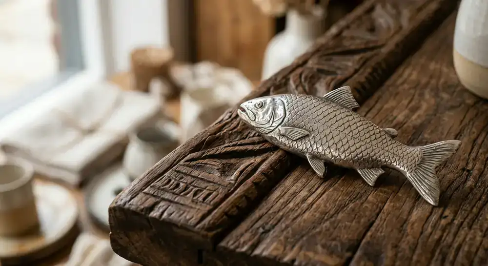 Close-up of a silver fish ornament resting on carved wood
