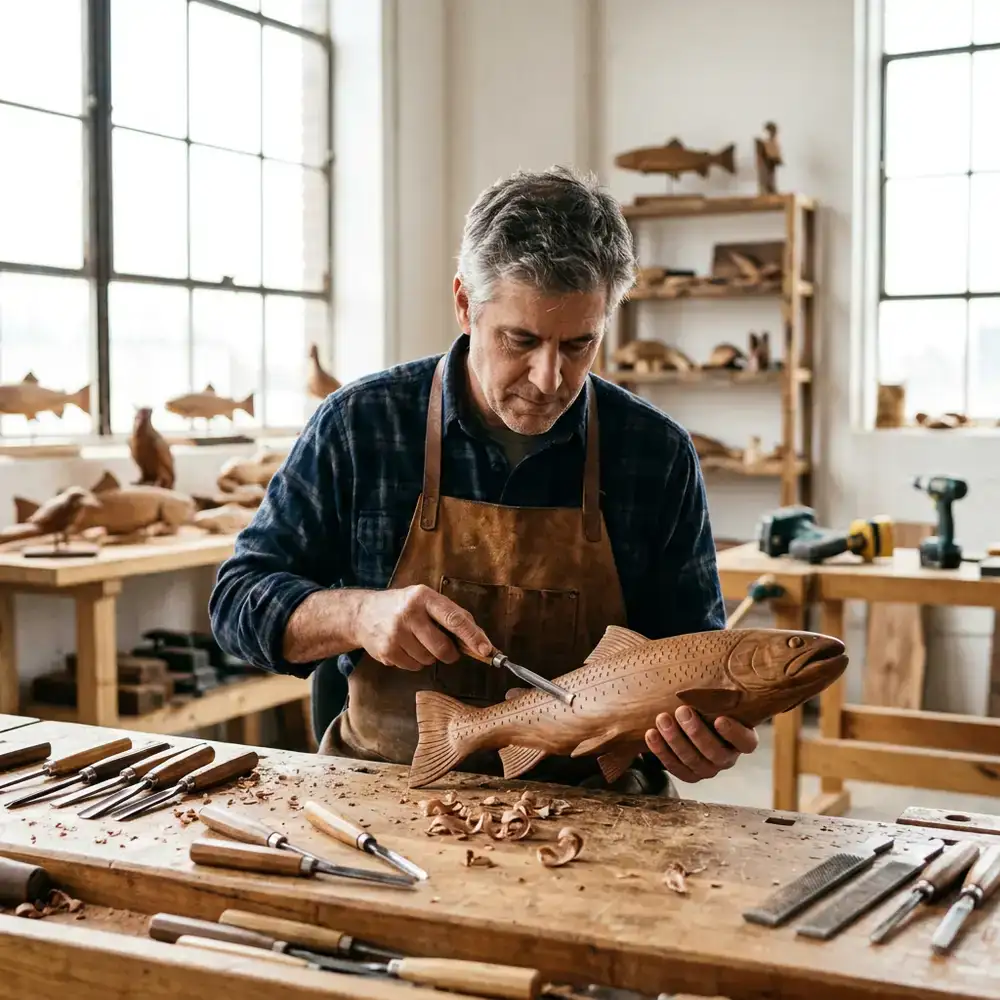 Artisan carving a detailed wooden fish sculpture in a brightly lit studio