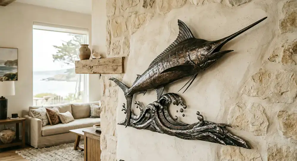 Large custom forged iron marlin wall sculpture