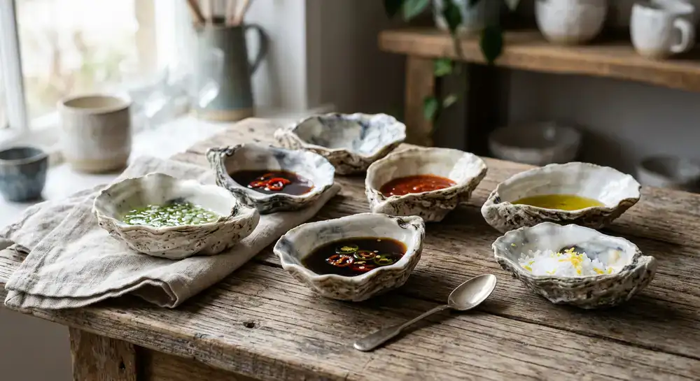 Set of bespoke oyster shell ceramic dipping bowls