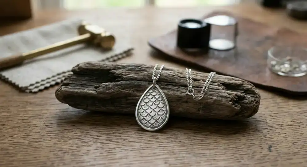 Custom engraved silver salmon scale pendant
