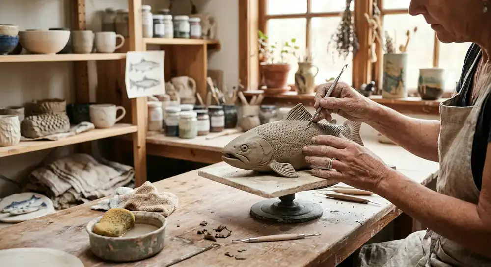 Artisan hands working on fish-themed ceramic craft