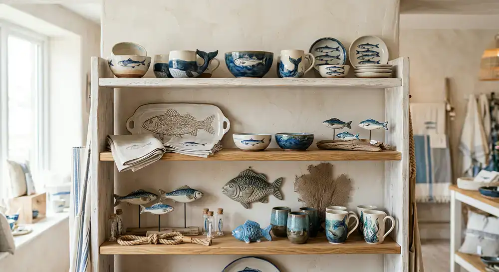 A beautifully styled display of fish-themed artisan gifts and ceramics