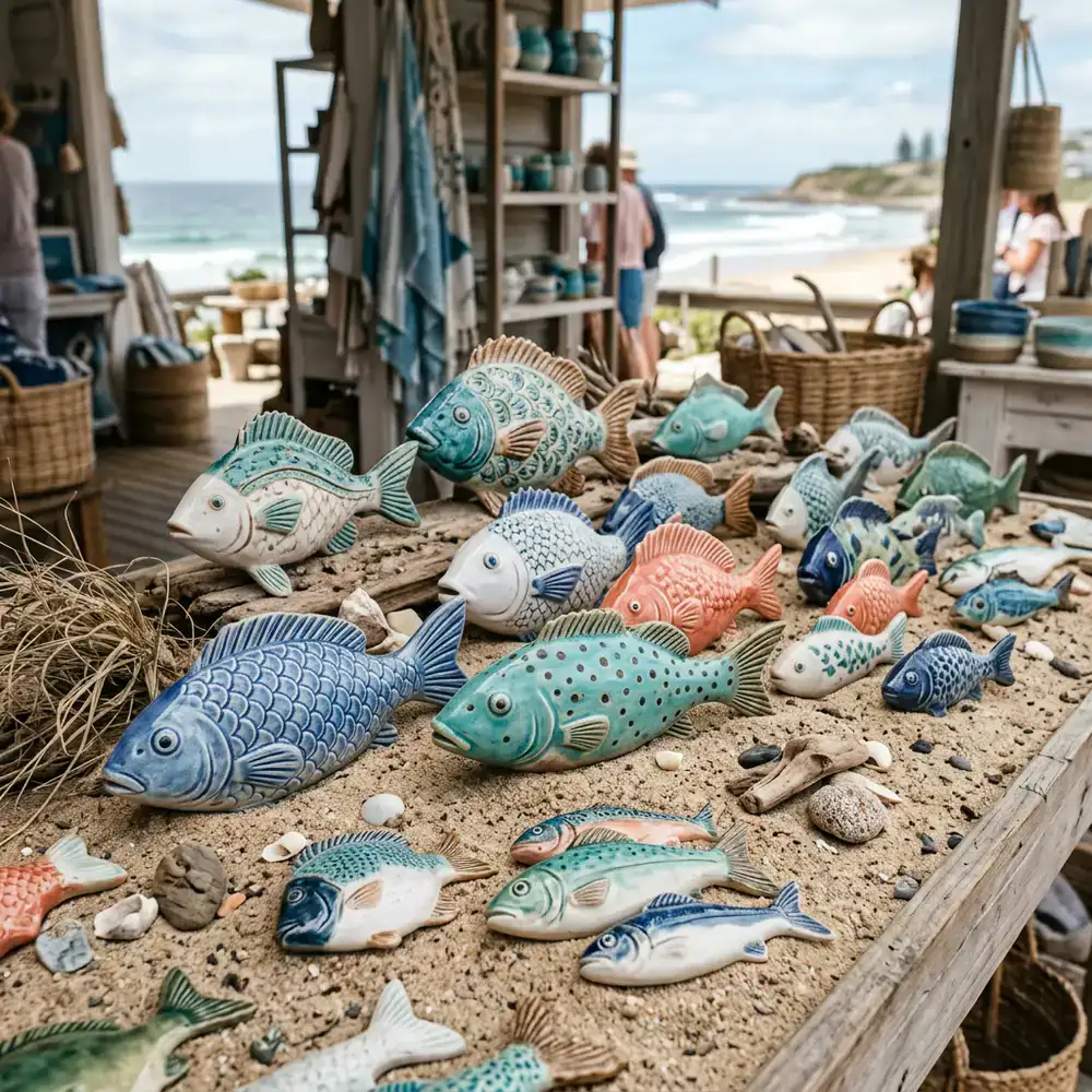 Coastal ceramic fish gifts displayed on a sandy surface