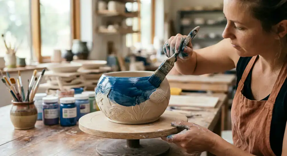 Glazing a ceramic fish bowl in deep ocean blue