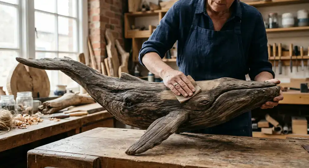 Artisan hands sanding a large piece of driftwood shaped like a whale