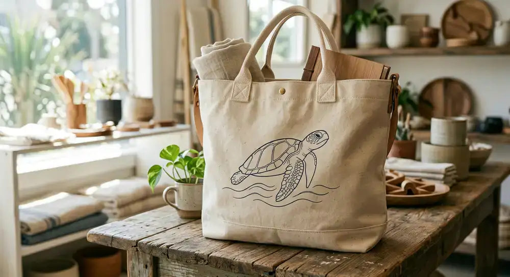 Canvas tote bag with sea turtle line art