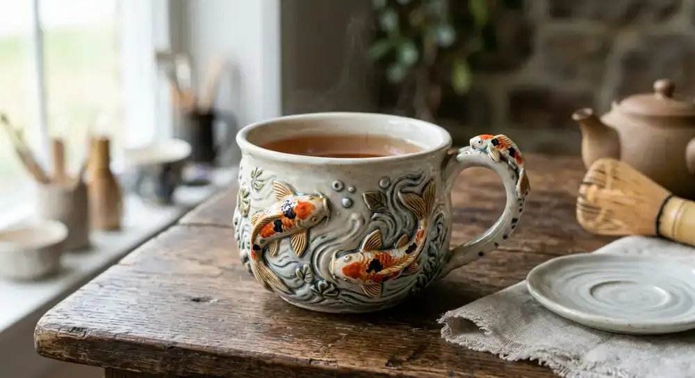 Hand-sculpted ceramic koi fish cup