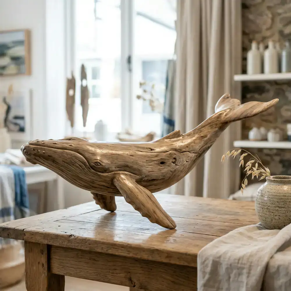 Polished driftwood carved into a whale