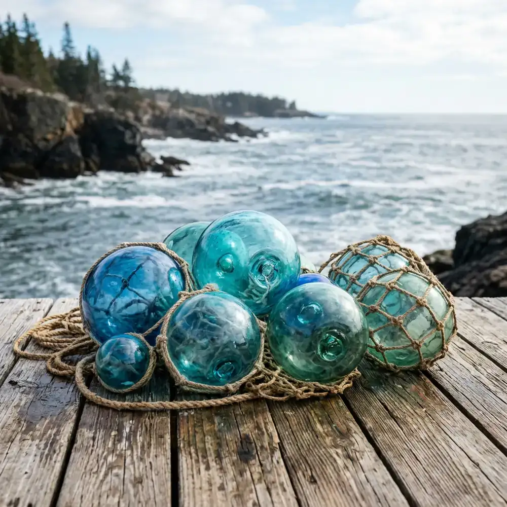 Hand-blown glass floats in oceanic blues