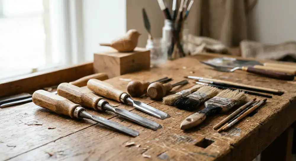 Close up of carving tools and paint brushes