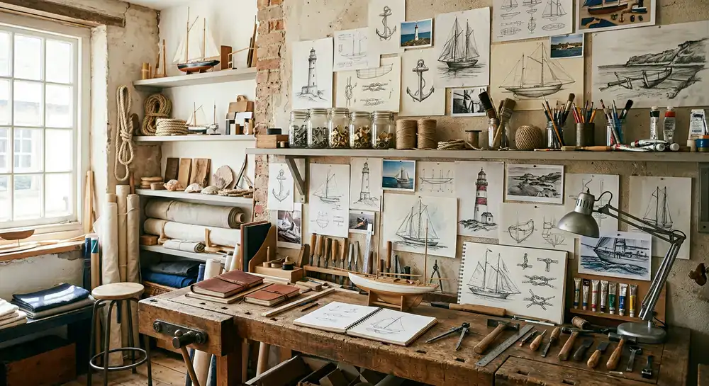 Bright workshop with marine sketches and tools